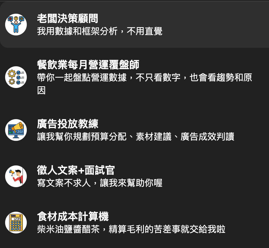 AI Agent 實際畫面 — 老闆決策顧問、營運覆盤師、廣告投放教練、徵人文案+面試官、食材成本計算機